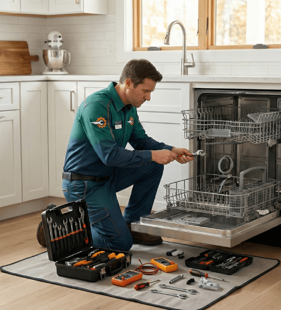 Dishwasher repair technician working in a Dammam kitchen
